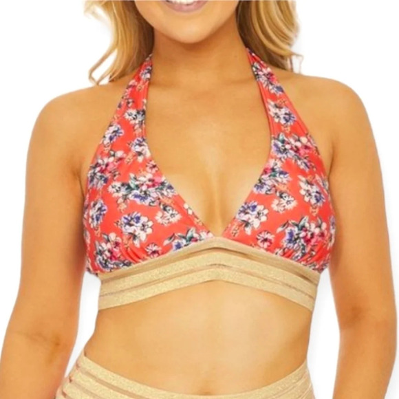 Nicole Miller Coral Pink Floral  Halter Bikini Top with Mesh Metallic Band Large - Picture 16 of 16